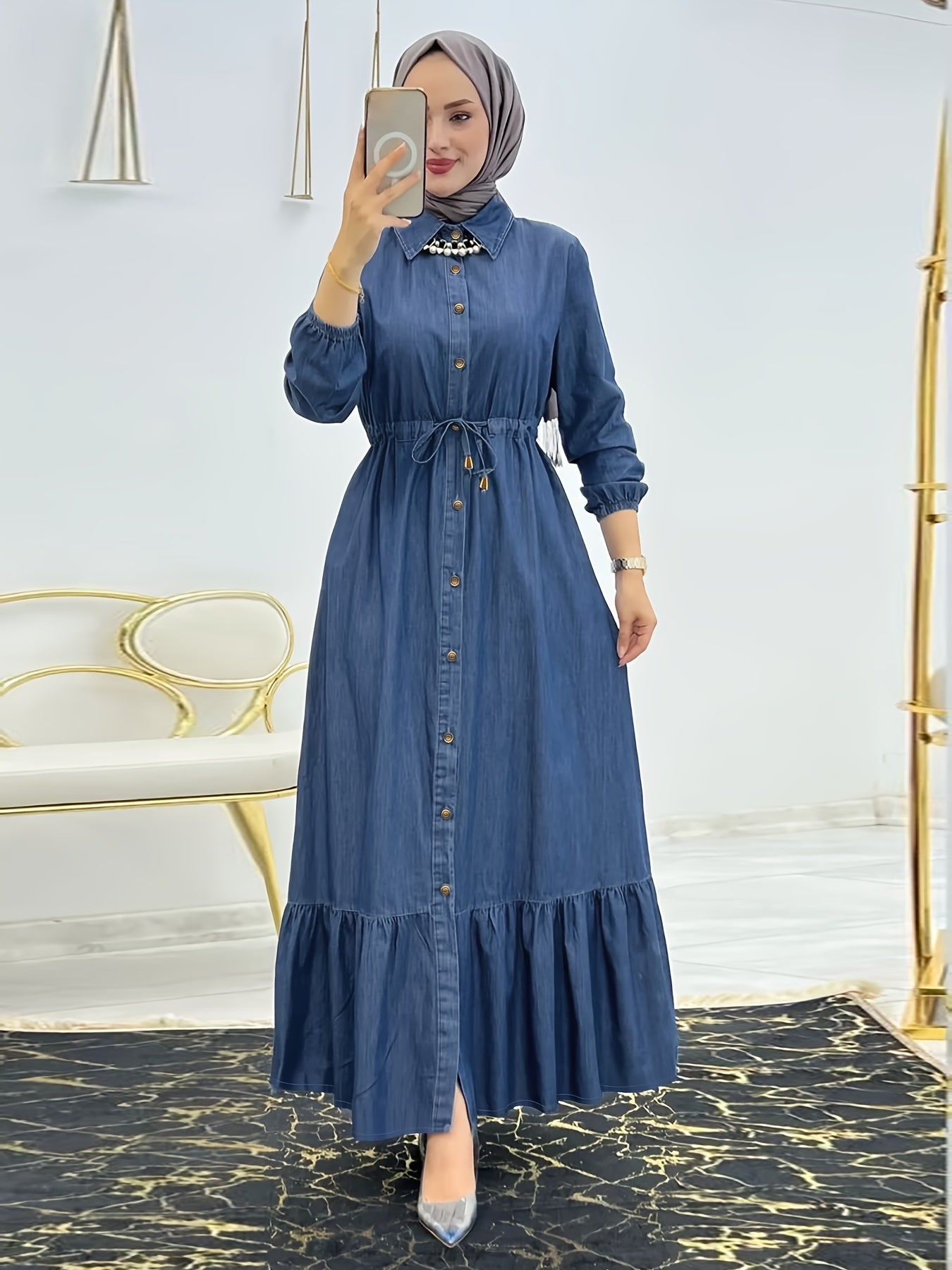 Ramadan Solid Button Front Kaftan, Casual Long Sleeve Ruffle Hem Dress Without Hijab, Women's Clothing