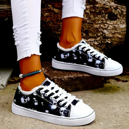 Spooky Chic Skull Print Canvas Shoes for Women - Lightweight, Breathable, Low-Top Sneakers with Casual Lace-Up Design, Perfect for Outdoor Activities and Halloween Parties - Comfortable, Versatile, and Easy to Slip On