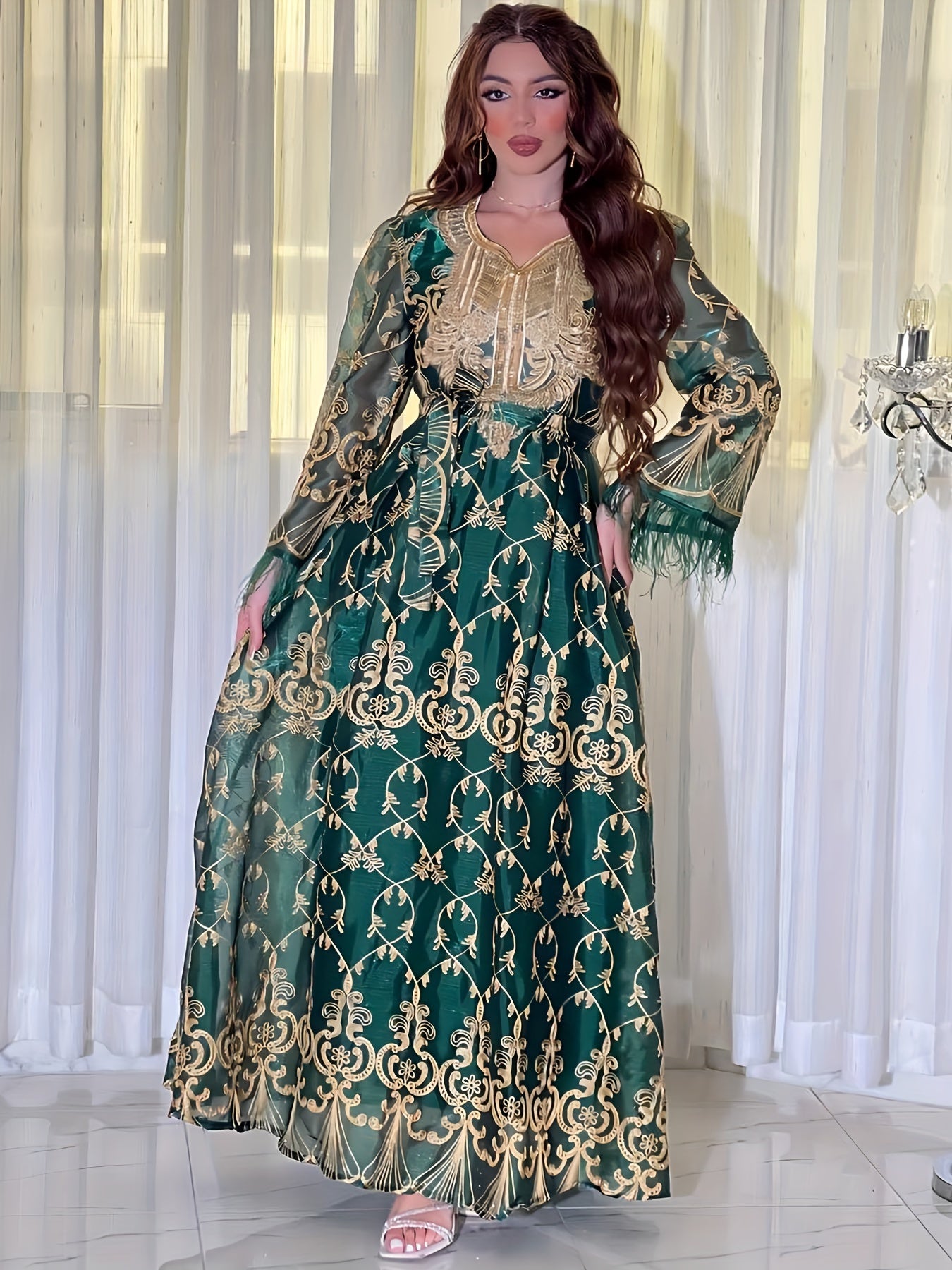 Floral Embroidered V-neck Long Sleeve Abayas Dress, Elegant Maxi Length Dress, Women's Clothing