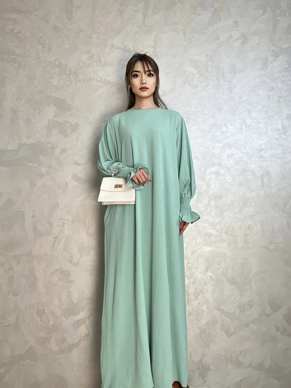 Luxurious Shirred Trim Lantern Sleeve Maxi Dress - Elegant Solid Color, Simple Loose Fit, Modest Chic, Women's Clothing for All Seasons