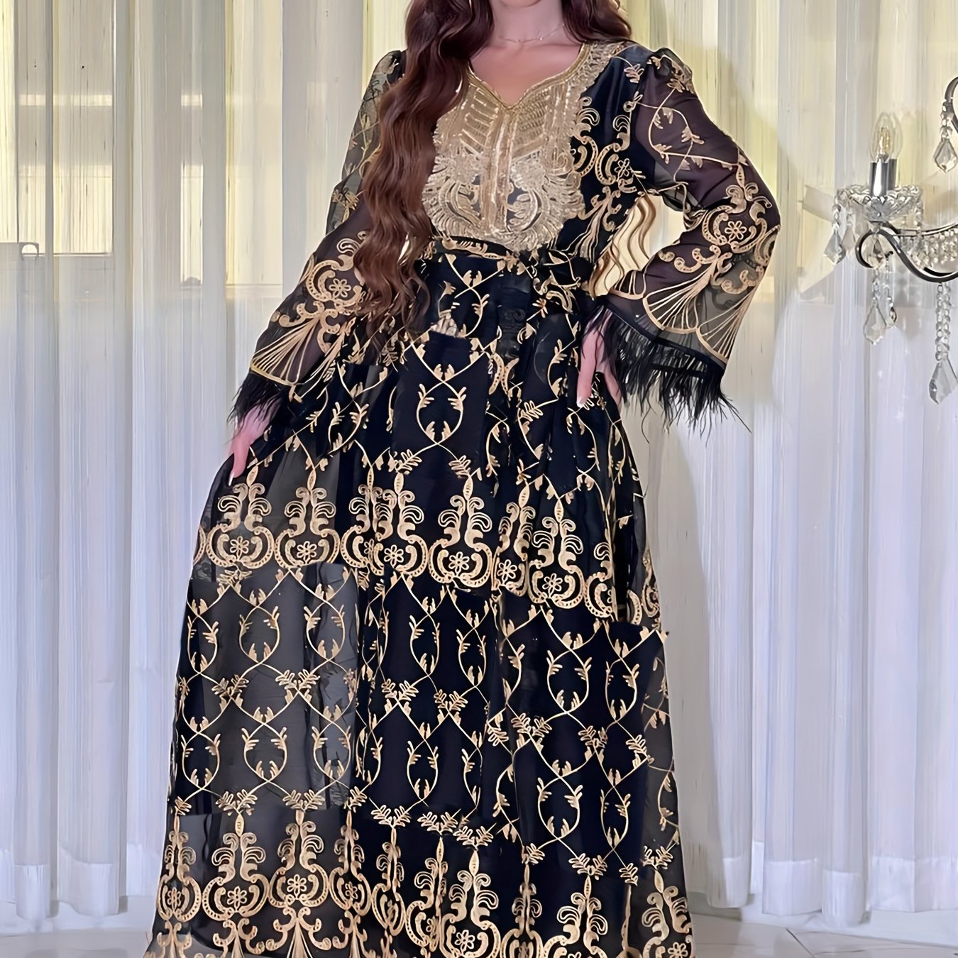 Floral Embroidered V-neck Long Sleeve Abayas Dress, Elegant Maxi Length Dress, Women's Clothing