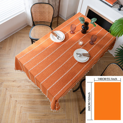 1pc Vibrant Orange Embroidered Stripe Rectangular Tablecloth - Cotton Blend Kitchen & Dining Table Linens with Pastoral Design for Room Decor and Dining Table Decoration