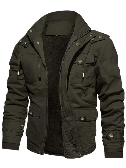 Mens Fashionable Fleece-Lined Cargo Jacket - Stylish & Warm with Multiple Pockets for Fall/Winter Outfits