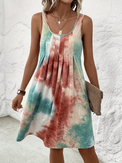 Vibrant Geometric Tie Dye Fitted Dress - Elegant Crew Neck, Sleeveless, Micro Elastic Polyester, Random Printing, Perfect for Spring and Summer - Womens Casual Loose Dress for Adult