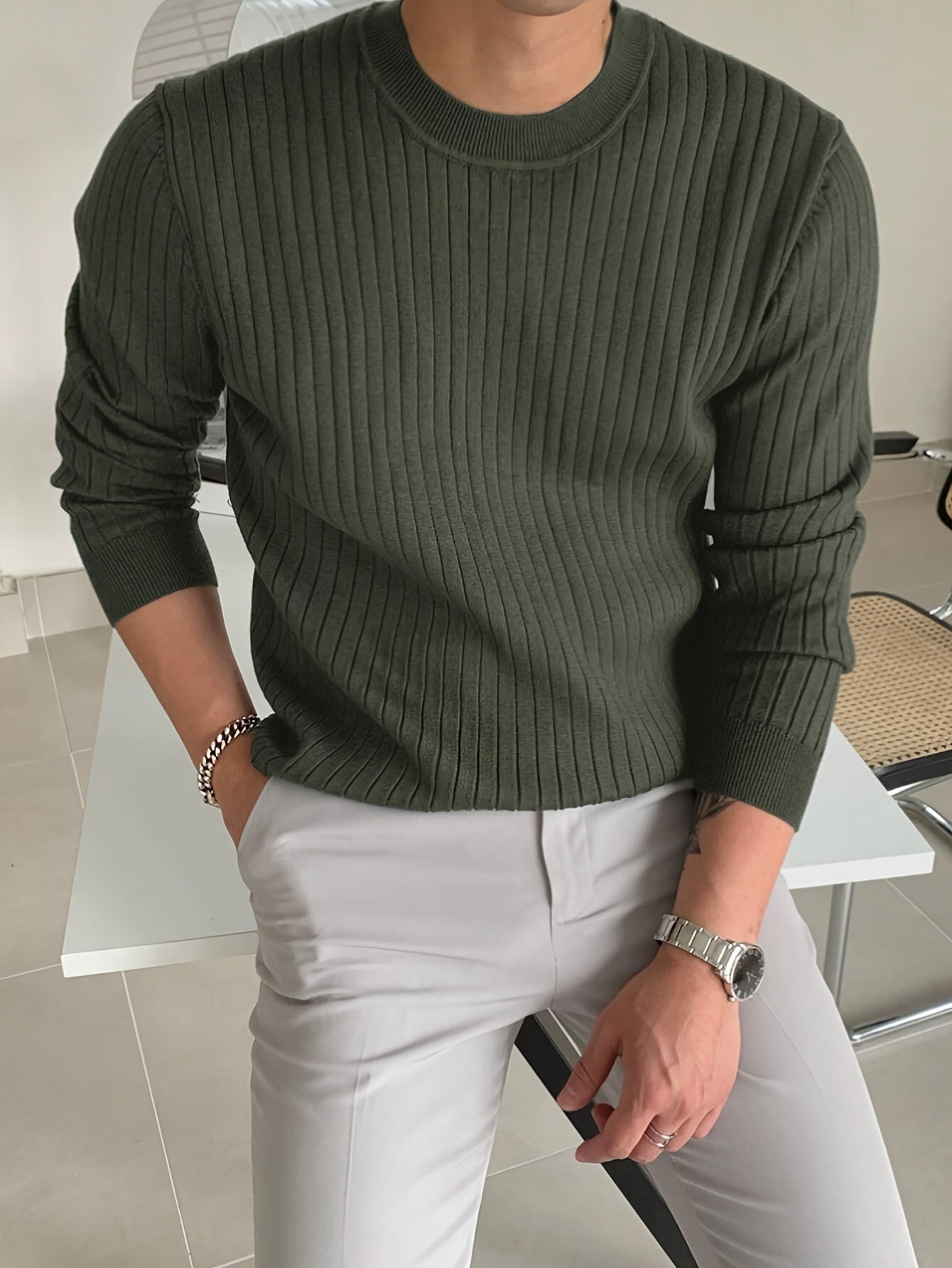 Men's Fashion Casual Crew Neck Long Sleeve Knit Sweater, Regular Fit Ribbed Pullover Tops For Spring And Fall