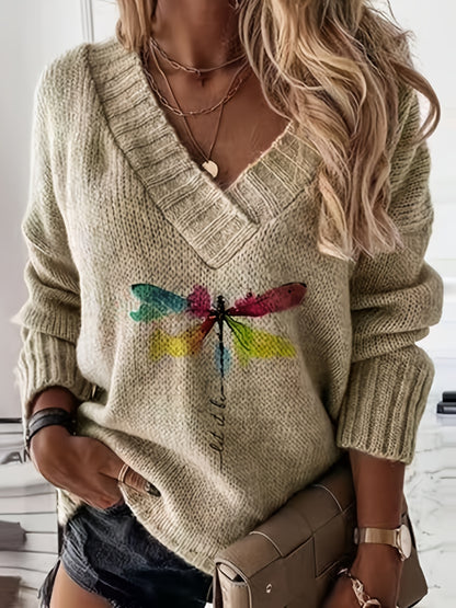 Dragonfly Pattern Sweater - Flattering V-Neckline, Cozy Long Sleeves for Ultimate Comfort, Effortlessly Casual Style, Perfect for Spring and Fall Seasons - Exclusively Designed for Womens Clothing