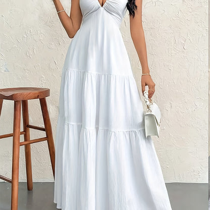 Tiered Layer Deep V Neck Halter Maxi Dress - Flowy, Backless, and Comfortable for Vacation and Spring & Summer - Machine Washable, Customized, and All-Season Wear