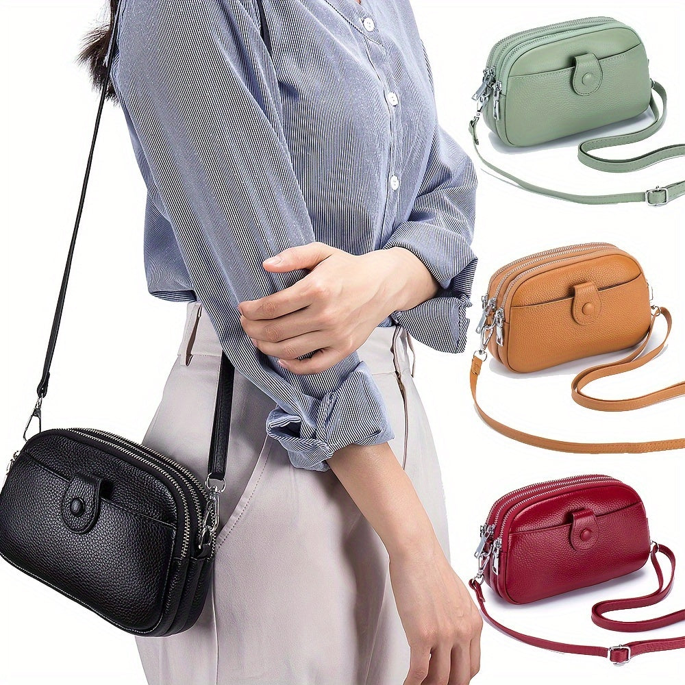 Small Genuine Leather Crossbody Bag for Women - Triple Top Zipper, Adjustable Strap, Polyester Lining, Solid Color, Edge Painted, Stylish and Practical Accessory