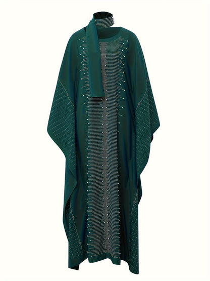 Rhinestoned Crew Neck Modest Maxi Dress - Elegant Batwing Sleeves, Polyester Fabric, Solid Color, No Elasticity, Spring/Summer Casual Wear - Includes Scarf, Womens Loose Fit Clothing