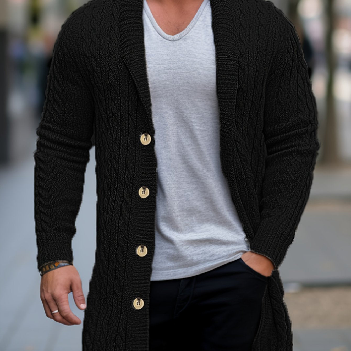 Mens Luxurious Mid-Length Loose Knit Cardigan Sweater - Fashionable Shawl Collar, Long Sleeve, Winter Thick Warm, Button-Front, Soft Brushed Fabric, Cozy Fit - Perfect for Casual Daily Wear, Outdoor Activities, and Gift Giving