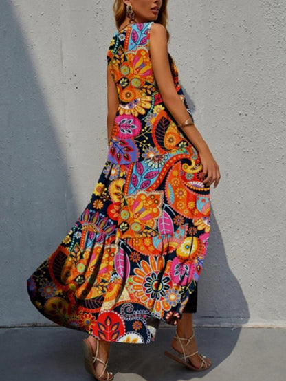 Vibrant Paisley Print V-Neck Maxi Dress - Flowy Sleeveless Ruffle Hem Loose Fit Design for Spring & Summer - Women's Vacation Clothing with Comfortable Fabric and Flattering Silhouette