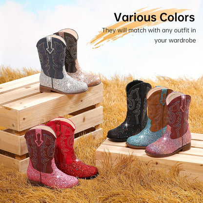 Girls Trendy Cool Cowgirl Boots, Cute Shiny Sequin Dress Boots For Party Holiday Performance