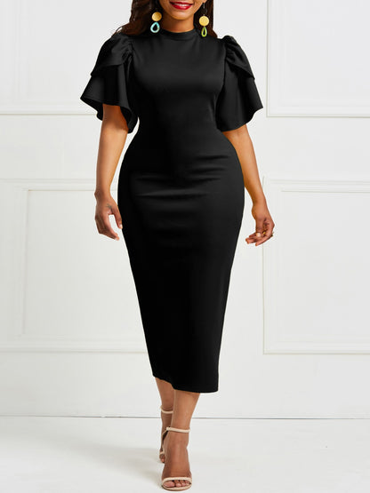 Long Sleeve Ruffle Midi Dress - Elegant Fitted Bodycon Dress for Women, Polyester Knit Fabric, Solid Color, Crew Neck, Short Ruffle Sleeve, No Belt, Perfect for Spring and Summer Elegant Dressing