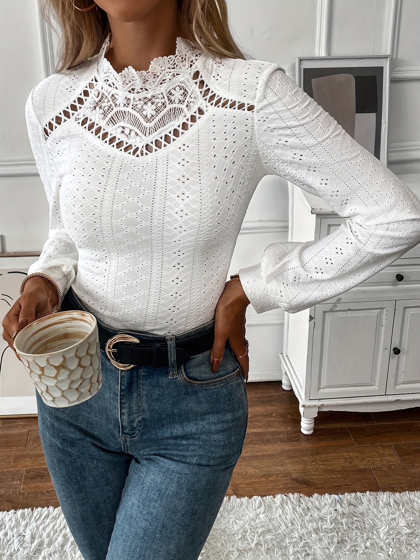 Stunning Eyelet Lace T-Shirt for Women - Elegant Long Sleeve Solid Design, Keyhole Detail, Contrast Lace Trim, Breathable Fabric, Comfortable Fit - Perfect for Casual Daily Wear or Work