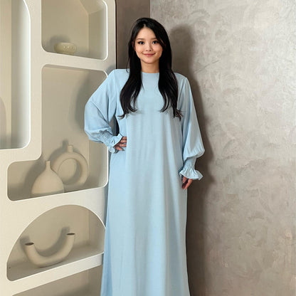 Luxurious Shirred Trim Lantern Sleeve Maxi Dress - Elegant Solid Color, Simple Loose Fit, Modest Chic, Women's Clothing for All Seasons