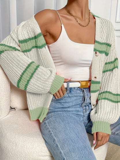 Stylish Color Block Button Down Knit Cardigan - Women's Casual Long Sleeve V Neck Sweater for Spring & Fall - Soft, Cozy, and Versatile Cardigans with Relaxed Fit