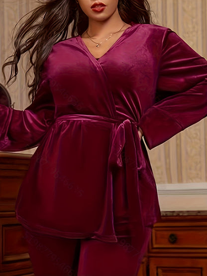 Plus Size Elegant Loungewear Robe, Women's Plus Solid Long Sleeve Open Front Velvet Sleepwear Robe With Belt