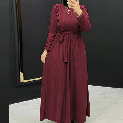 Chic Ruffle Solid Color Abaya Dress - Timeless Crew Neck, Full-Sleeve Maxi Style - Premium Modest Womens Fashion