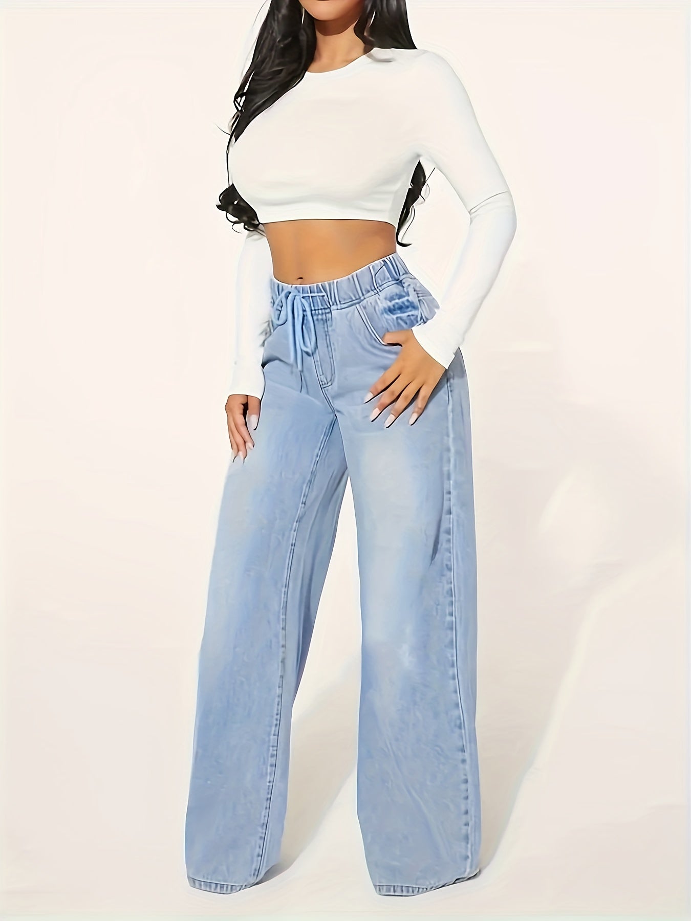 Long Length Wide Leg Medium Stretch Denim Jeans - Soft, Comfortable, Versatile Drawstring Waist Trouser Pants for Spring/Fall - Hand Wash, Customized Style, Solid Color, No Printing, All-Season Wear