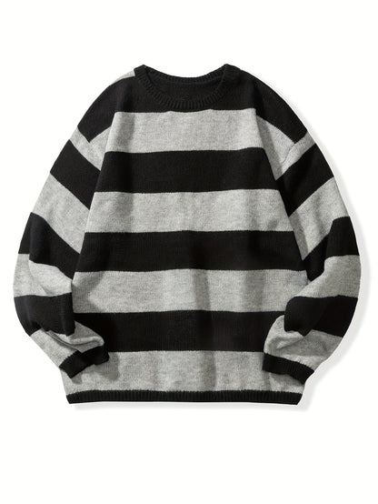 Retro Chic Knitted Sweater for Men - Soft, Warm, Slightly Stretchy Crew Neck Pullover with Preppy Striped Pattern for Fall and Winter - K-Pop Inspired, Casual, Comfortable, and Versatile