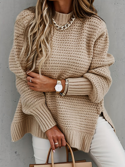 Women's Elegant Long Sleeve High-Low Hem Mock Neck Sweater - Soft, Cozy, and Versatile for Fall & Winter - Perfect for Casual Daily Wear, Outdoor Activities, and Office Work