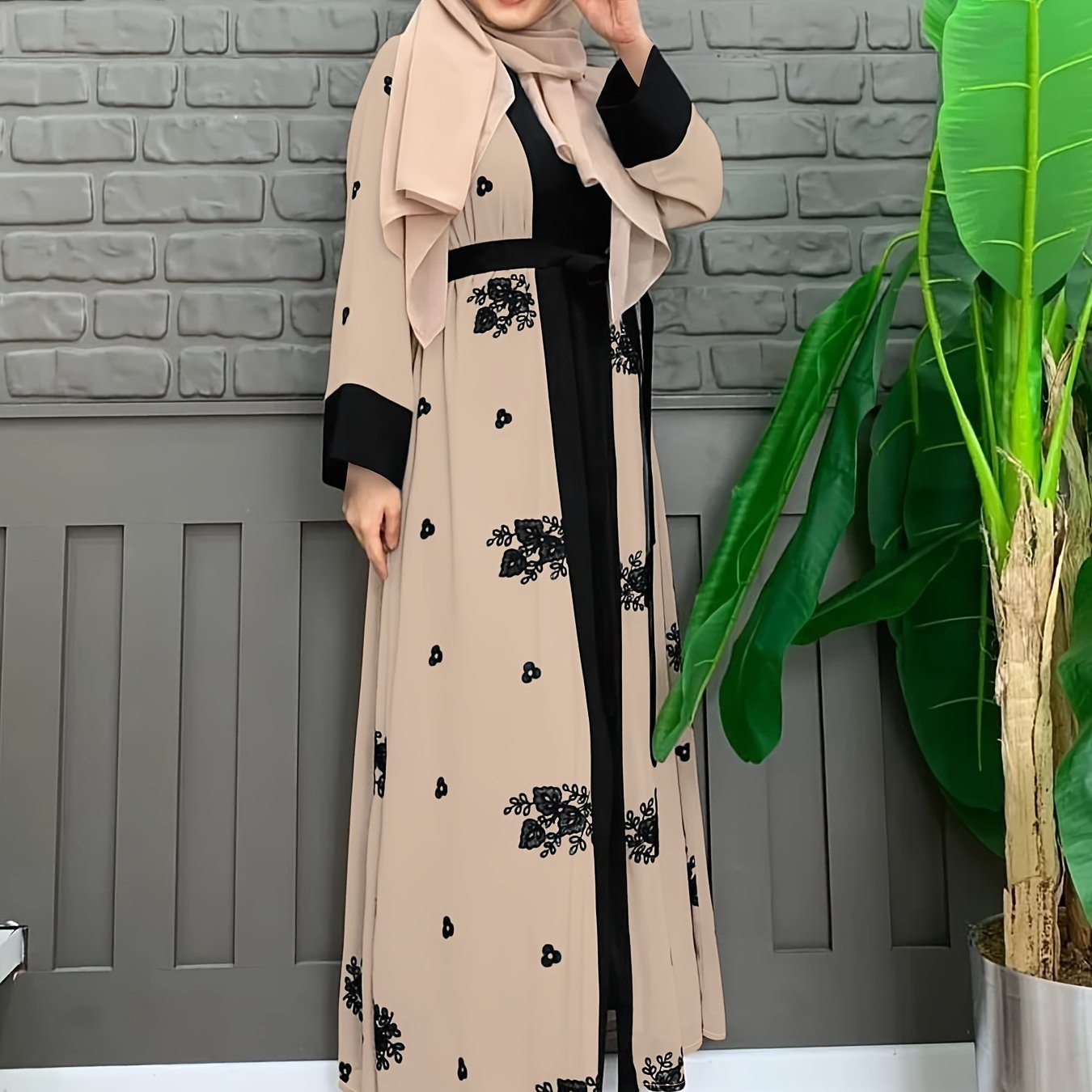 Ramadan Floral Charm - Crew Neck Long Sleeve Kaftan Abaya Dress with Belted Waist - A Stylish Casual Choice for Women, Hijab-Free