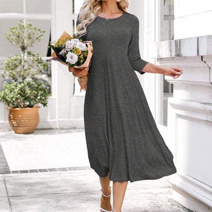 Vibrant Solid Color Crew Neck Midi Dress - Comfortable 3/4 Sleeve Loose Fit, Flattering A-Line Silhouette, Perfect for Spring & Summer, Women's Casual Clothing, Easy to Wear and Move Around