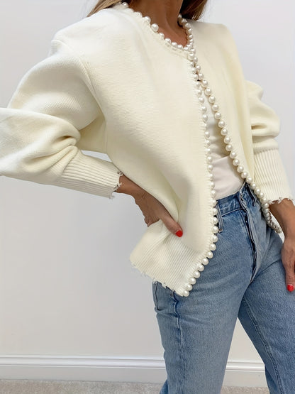 Elegant Rib Knit Beaded Open Front Cardigan - Long Sleeve, Solid Color, Soft, Cozy, and Chic - Perfect for Women's Daily Wear, Dating, and Party Occasions