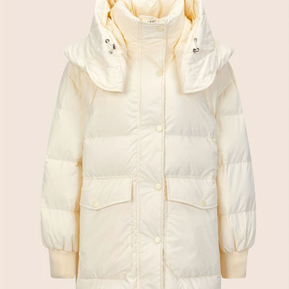 Solid Color Casual Puffer Jacket For Women, Warm Outdoor Winter Sports Hooded Jacket, Women's Clothing