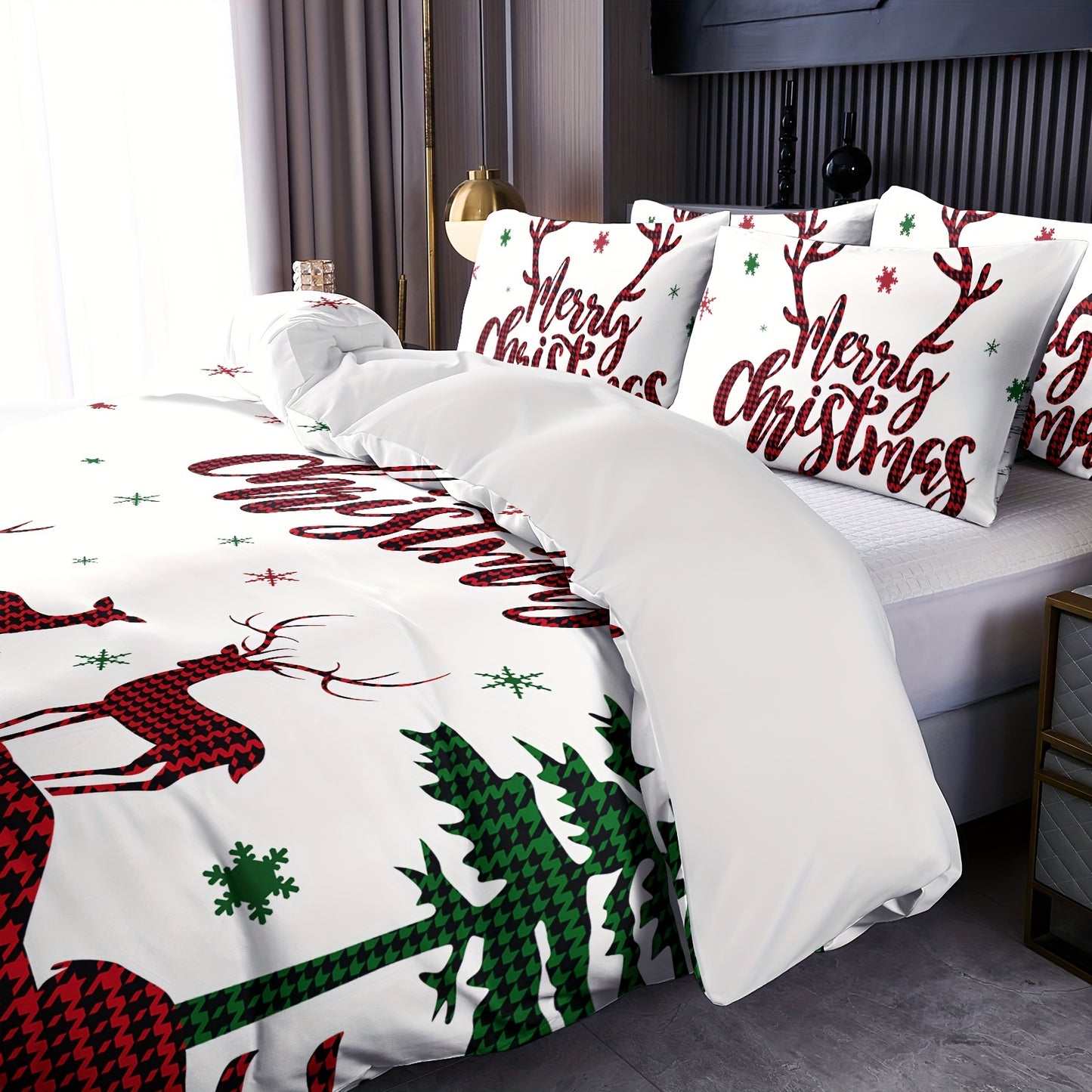 Cozy Christmas Reindeer 2/3pcs Duvet Cover Set - Soft & Breathable Polyester, Perfect for All Seasons - Includes 1 Duvet Cover & 1/2 Pillowcases (Comforter & Pillows Not Included) - Ideal for Bedrooms, Guest Houses & Dorms