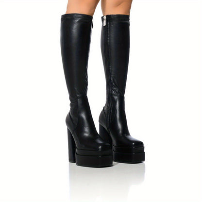 Women's Platform Knee High Boots, Solid Color Block Heel Square Toe Side Zipper Boots, Fashion Black Faux   Stylish Boots