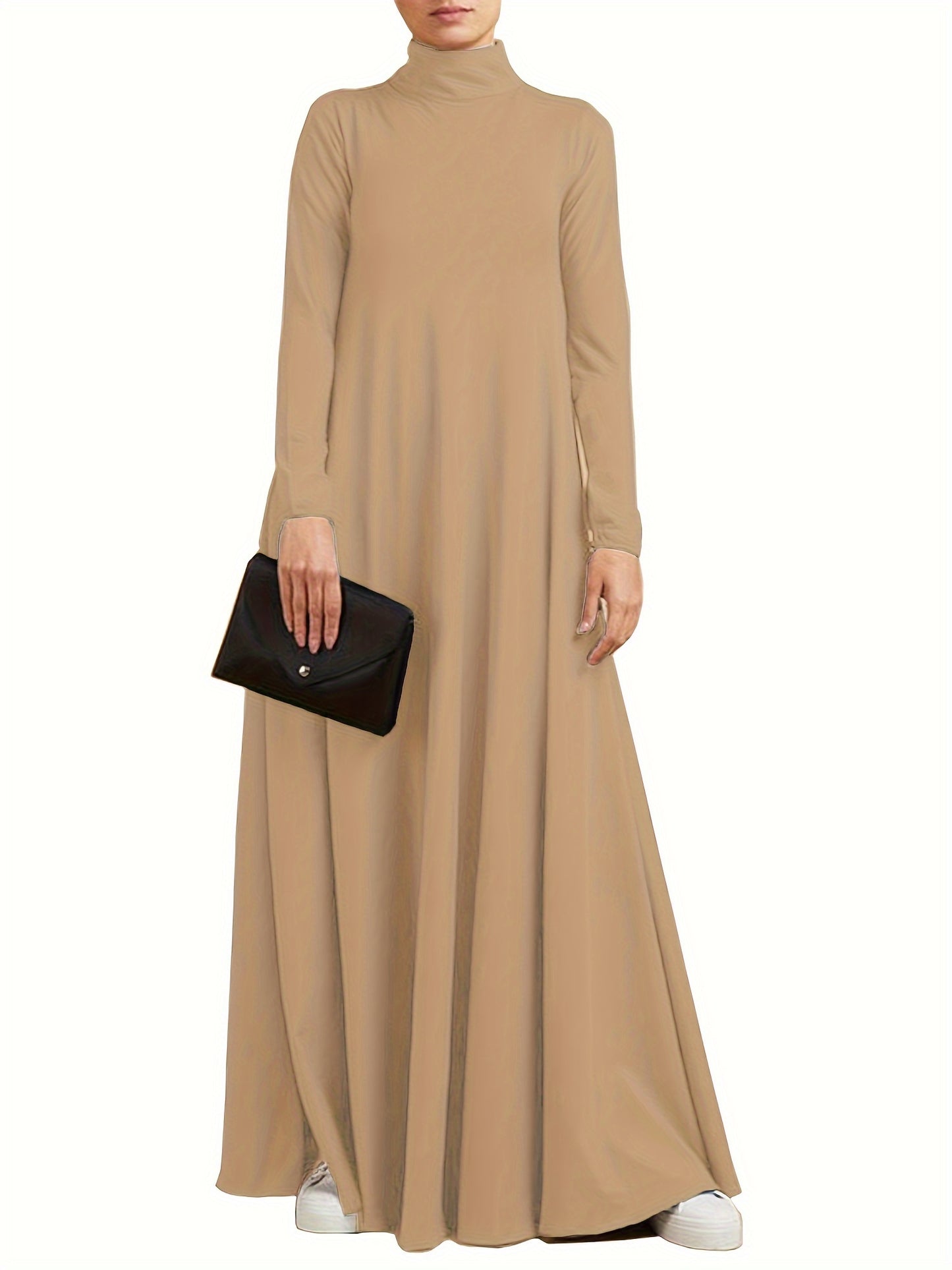 Ramadan Elegant Long Sleeve Solid Color Maxi Kaftan Dress - Comfortable Micro Elastic Polyester Fabric, Casual Turtle Neck Design, Two Pockets, Regular Fit, Middle East Style - Perfect for All Seasons, Womens Clothing