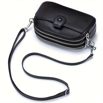 Small Genuine Leather Crossbody Bag for Women - Triple Top Zipper, Adjustable Strap, Polyester Lining, Solid Color, Edge Painted, Stylish and Practical Accessory