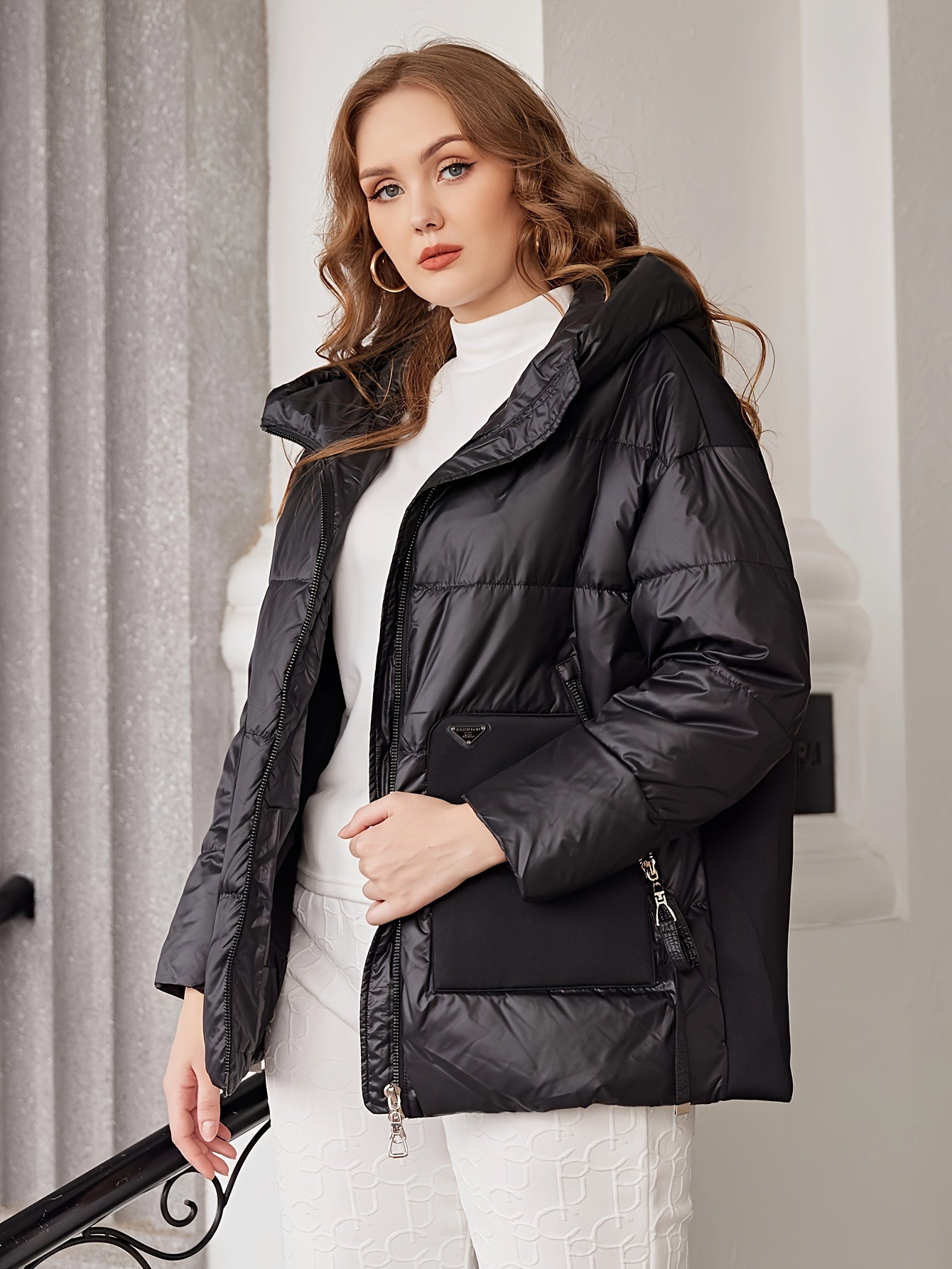 Plus Size Casual Coat, Women's Plus Solid Stitching Quilted Long Sleeve Zip Up Hooded Puffer Coat With Pockets