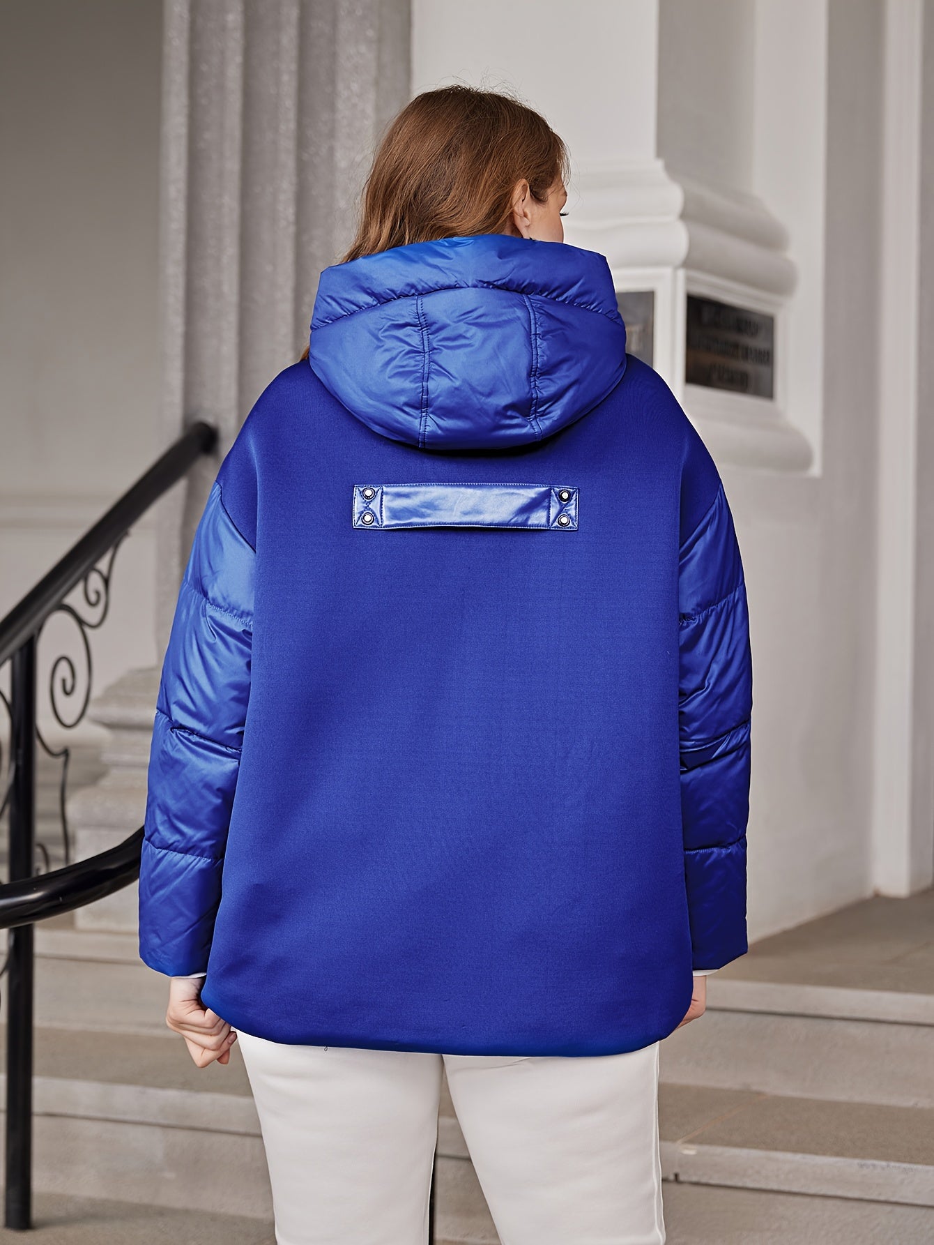 Plus Size Casual Coat, Women's Plus Solid Stitching Quilted Long Sleeve Zip Up Hooded Puffer Coat With Pockets