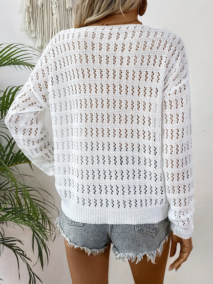 Cozy Pointelle V-Neck Knitted Sweater - Soft, Casual, Long Sleeve, Drop Shoulder, Pullover Design for Spring & Fall Seasons - Women's Comfortable Clothing for Everyday Wear