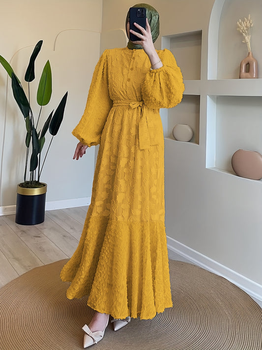 Elegant Jacquard Belted Maxi Kaftan Dress - Flowy Pleated Design, Lantern Sleeve, Button Front, Modest Solid Color, Comfortable Women's Clothing for Special Occasions