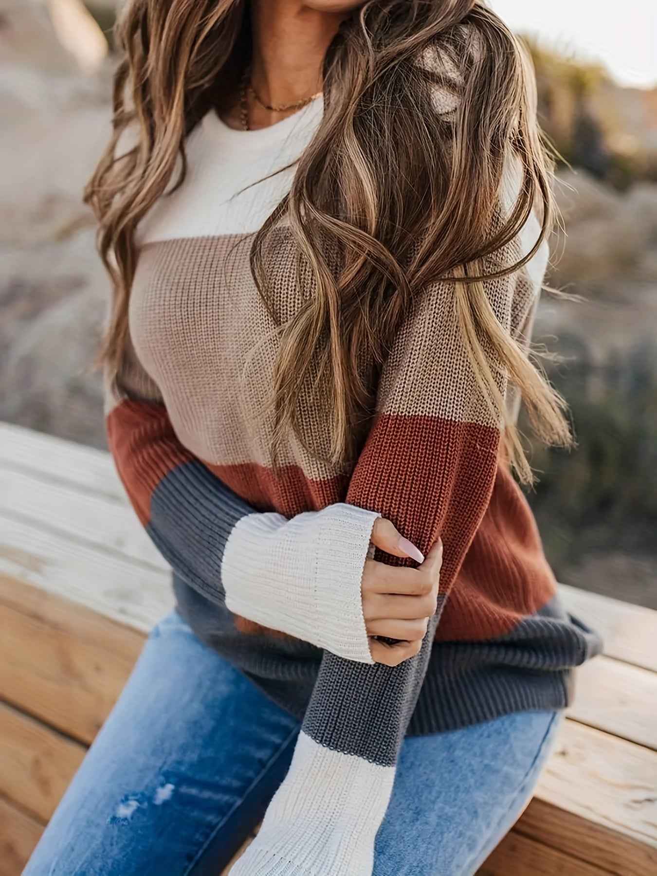 Vibrant Striped Knitwear Top - Soft Crew Neck Long Sleeve Pullover Sweater with Color Block Design, Relaxed Fit, and Cozy Fabric - Women's Casual Wear for Everyday Comfort