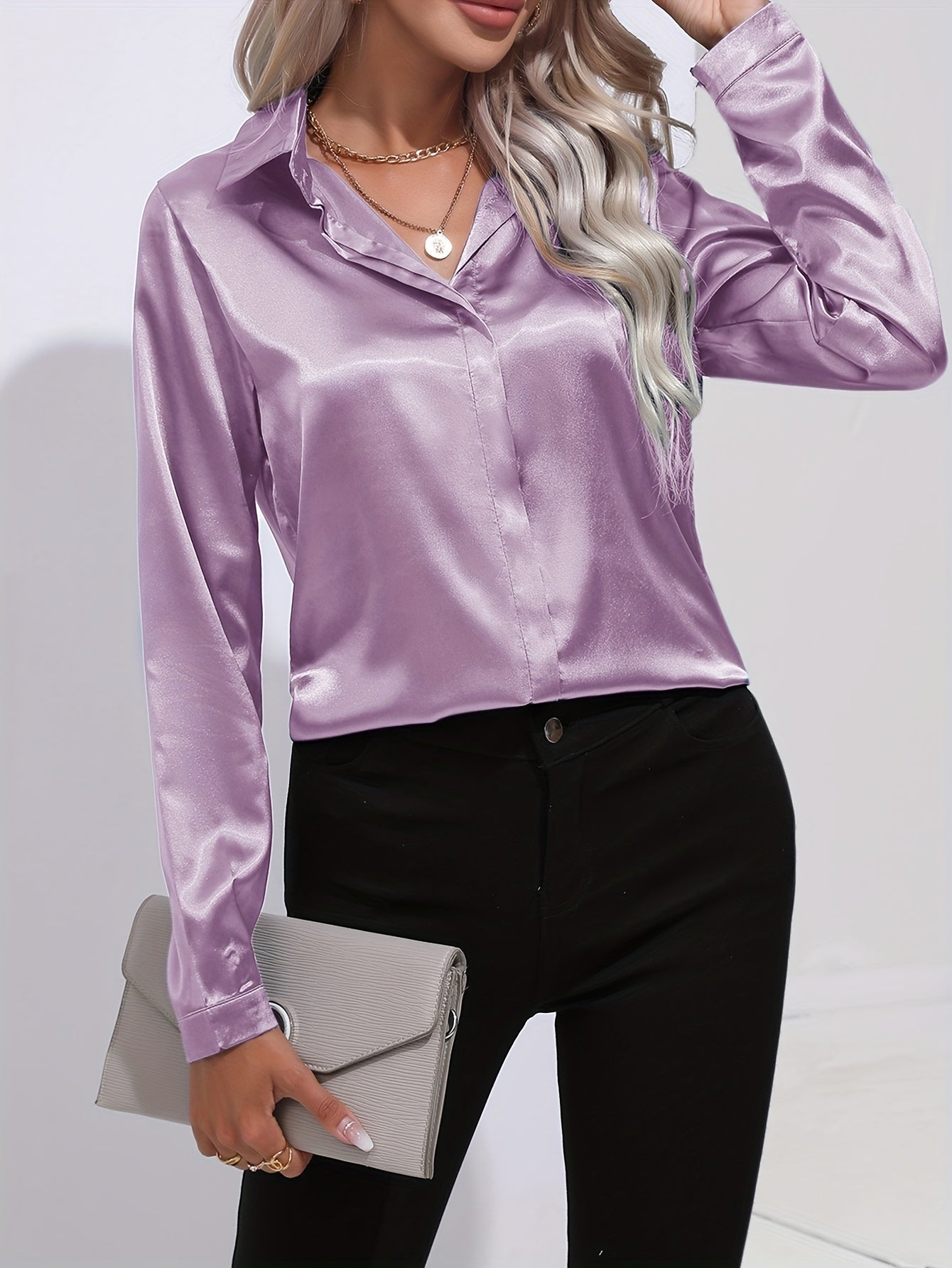 Stylish Solid Color Button-Up Shirt - Women's Elegant Long Sleeve Blouse for Spring & Fall - Classic Collared, Comfortable, Versatile, and Chic Clothing for Ladies