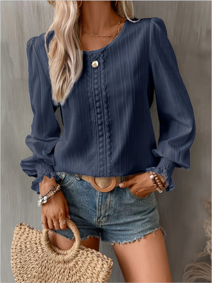 Chic Contrast Lace Blouse -Sophisticated Crew Neck with Flowy Long Sleeves - Perfect Casual Wear for Fashion-Forward Women