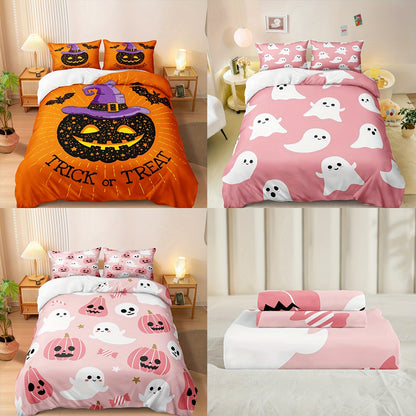 Halloween & Ghost Themed Duvet Cover Set, 3 Piece - 100% Polyester Lightweight Sanded Fabric, All-Season Digital Printed Bedding with Zipper Closure - Includes 1 Duvet Cover and 2 Pillowcases, Machine Washable, No Duvet Insert