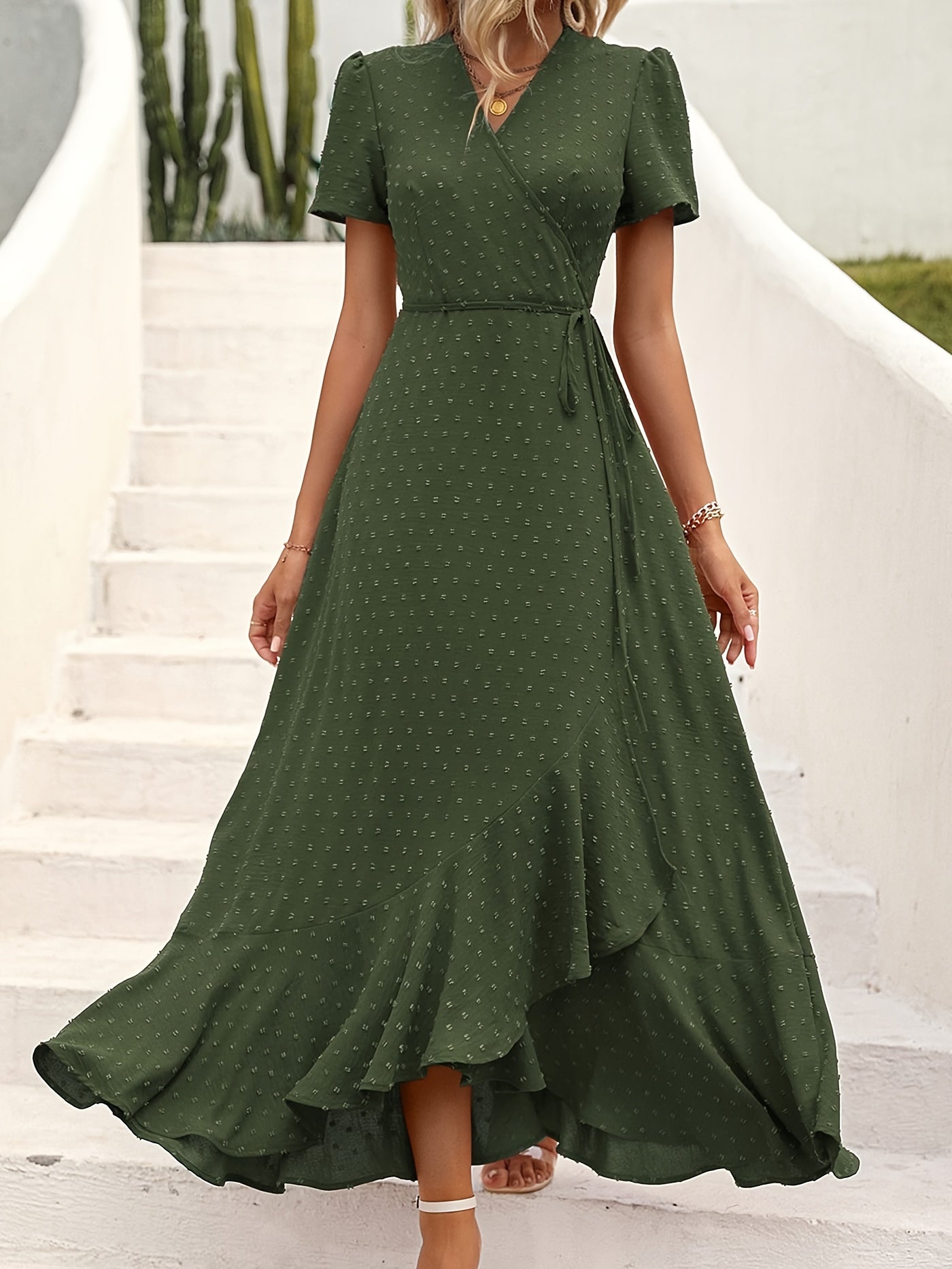 Vibrant Swiss Dot Maxi Dress - Elegant Surplice Neck, Short Sleeves, Split Thigh, Beachy Chic, Perfect for Spring & Summer, Women's Clothing, Comfortable and Flowy, Ideal for Outdoor Activities