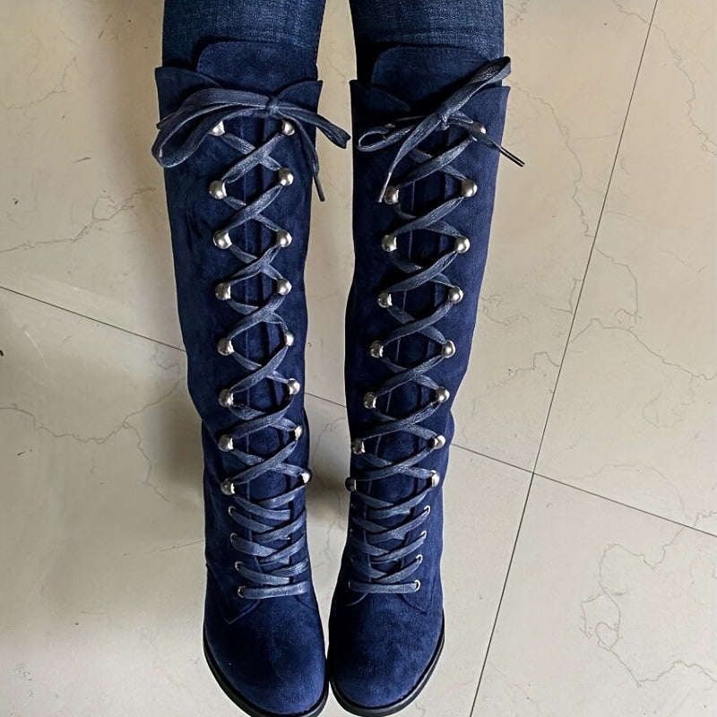 Women's Heeled Knee High Boots, Solid Color Lace Up Chunky Heeled Boots, Versatile Comfy Long Boots