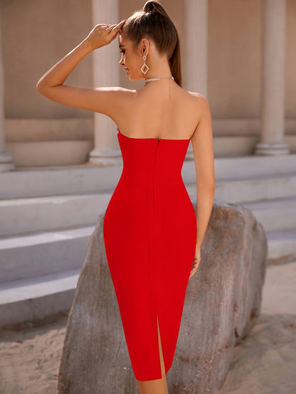 Elegant High-Elasticity Bodycon Tube Dress - Zipper Back, Sleeveless Strapless, Solid Color, All-Season, Knit Fabric - Perfect for Wedding Party and Formal Occasions