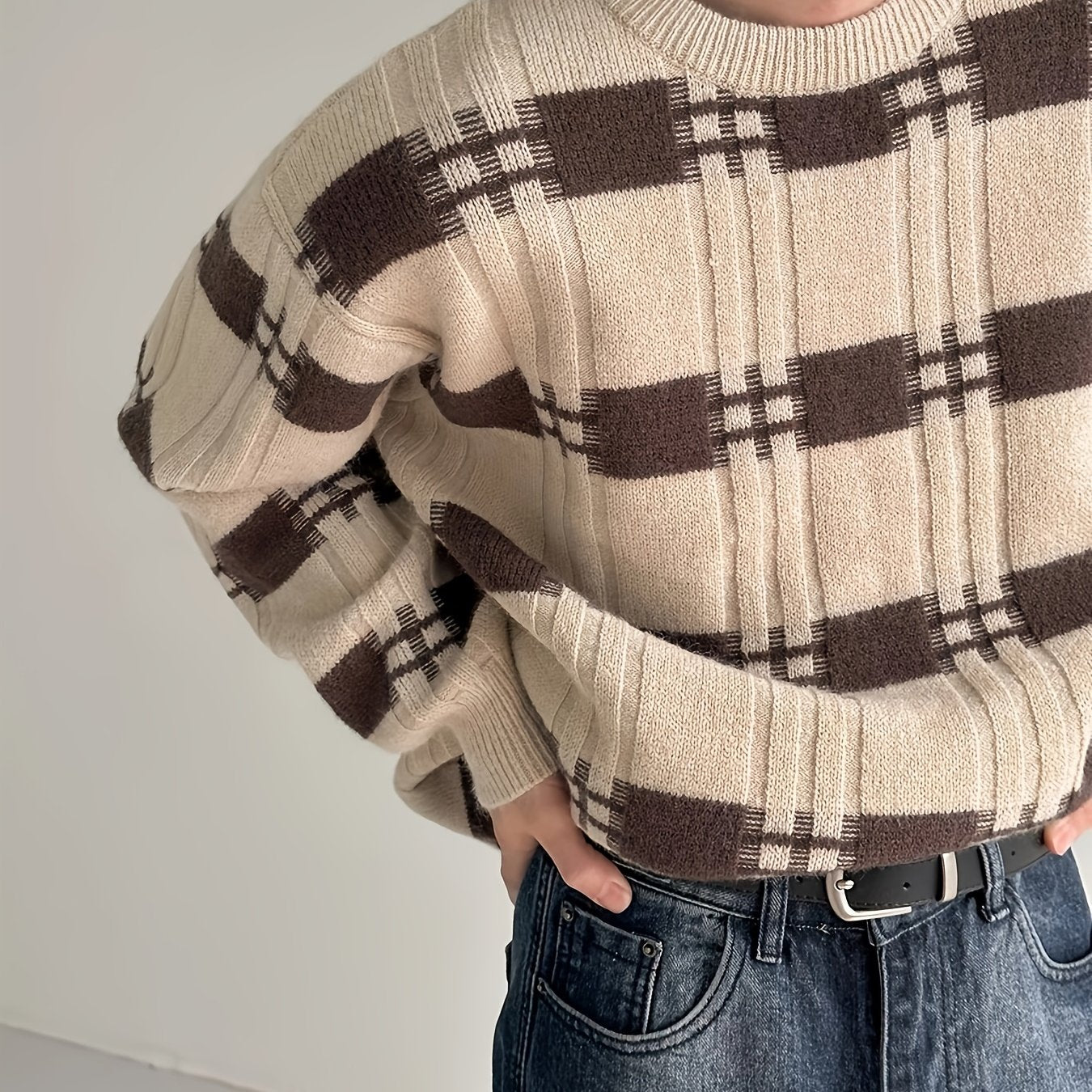 Preppy Stripes Pattern Knitted Sweater, Men's Loose Casual Warm Mid Stretch Crew Neck Pullover Sweater For Men Fall Winter, K-pop