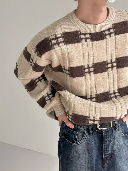 Preppy Stripes Pattern Knitted Sweater, Men's Loose Casual Warm Mid Stretch Crew Neck Pullover Sweater For Men Fall Winter, K-pop