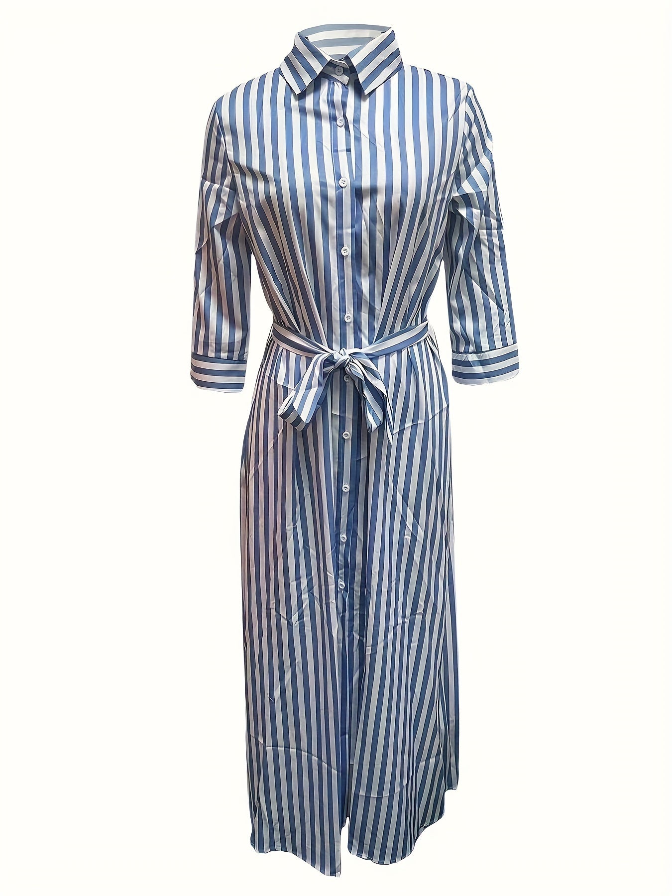 Chic Striped Long Sleeve Belted Maxi Shirt Dress - Elegant, Comfortable, and Versatile for Spring & Fall Seasons - Women's Clothing for Everyday Wear