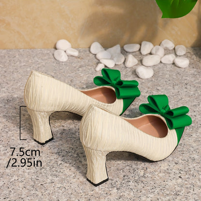 Stylish Low Heel Women's Pumps - Elegant Point Toe, Slip-On Design, Bowknot Detail, Chunky Heel, Shallow Mouth, Dressy, Comfortable, Versatile, Perfect for Formal Occasions and Daily Wear