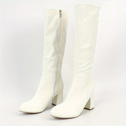 Women's Solid Color Block Heed Boots, Fashion Side Zipper Dress Boots, Stylish Knee High Boots