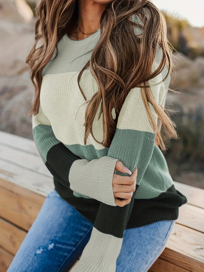 Vibrant Striped Knitwear Top - Soft Crew Neck Long Sleeve Pullover Sweater with Color Block Design, Relaxed Fit, and Cozy Fabric - Women's Casual Wear for Everyday Comfort